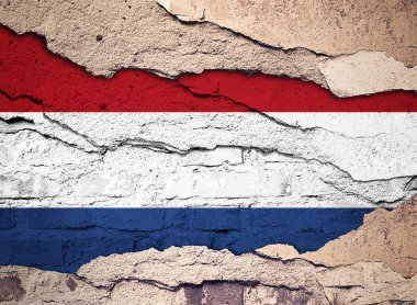 Eski bir duvar arka planına Hollanda bayrağı boyanmış. 3B illüstrasyon 