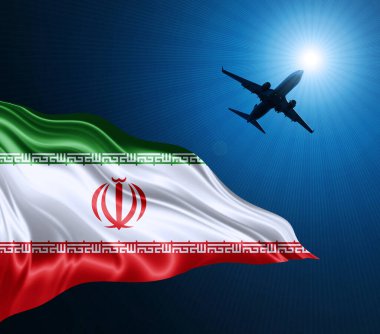 Gece İran ipek bayrağı ve arka planda bir uçak. 3B illüstrasyon