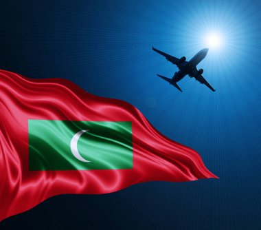 Geceleri gökyüzünde bir uçak olan Maldivler ipek bayrağı. 3B illüstrasyon