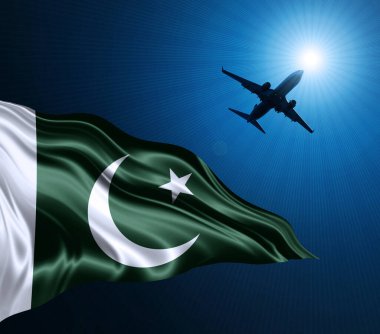 Geceleri Pakistan ipek bayrağı ve gökyüzünde bir uçak. 3B illüstrasyon