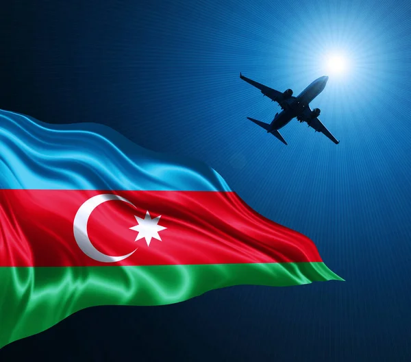 Azerbeidzjaanse Vlag Van Zijde Nachts Met Een Vliegtuig Achtergrond Illustratie — Stockfoto