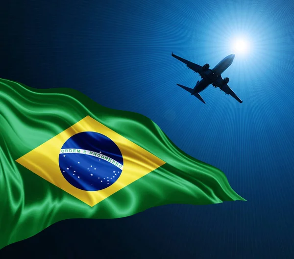 Bandera Seda Brasil Por Noche Con Avión Fondo Del Cielo — Foto de Stock