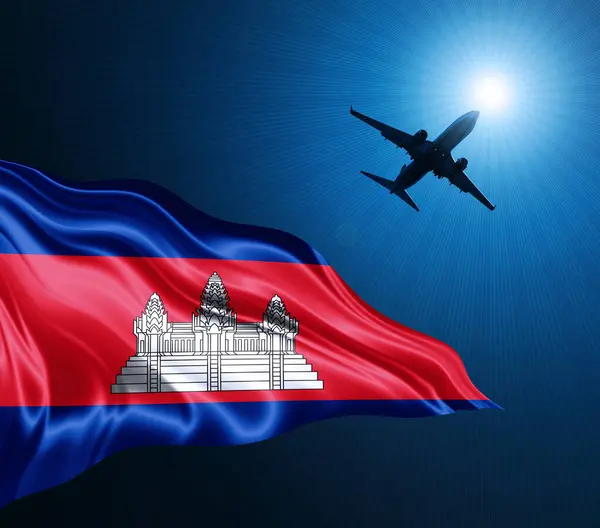 Bandera Camboyana Seda Por Noche Con Avión Fondo Del Cielo —  Fotos de Stock