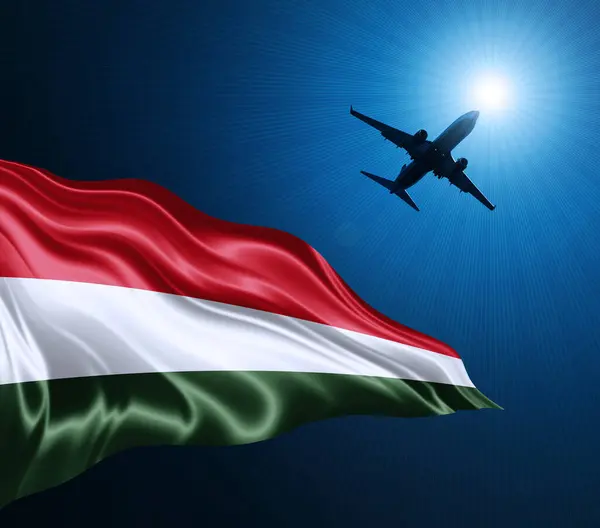 Hongarije Vlag Van Zijde Nachts Met Een Vliegtuig Achtergrond Illustratie — Stockfoto