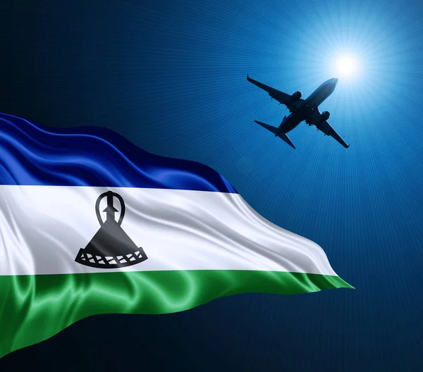 Lesotho Flagge Aus Seide Bei Nacht Mit Einem Flugzeug Himmel — Stockfoto