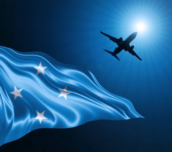 Mikronesien Flagga Siden Natten Med Ett Flygplan Himlen Bakgrund Illustration — Stockfoto