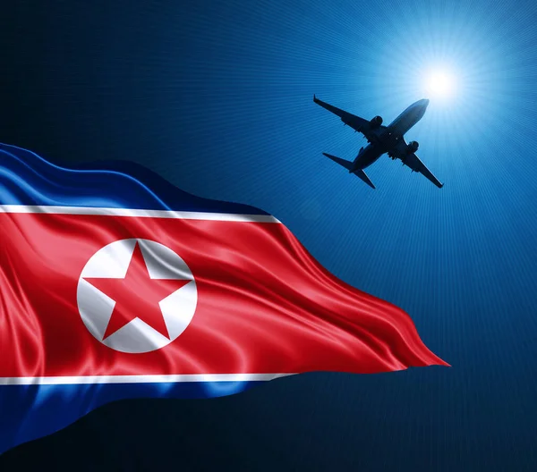 Północna Korea Flaga Jedwabiu Nocy Samolotem Tle Nieba Ilustracja — Zdjęcie stockowe