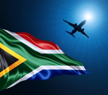 Güney Afrika ipek bayrağı ve gökyüzü arka planında bir uçak. 3B illüstrasyon