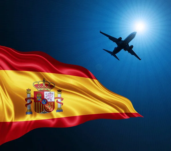 Espanha Bandeira Seda Noite Com Avião Fundo Céu Ilustração — Fotografia de Stock