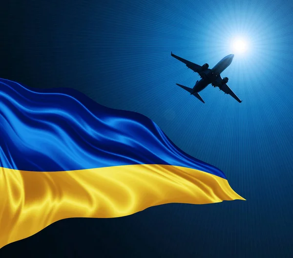 Geceleri Ukrayna ipek bayrağı ve gökyüzü zemininde bir uçak. 3B illüstrasyon