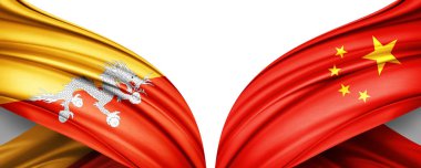 Bhutan ve Çin bayrakları beyaz arkaplanda izole edilmiş