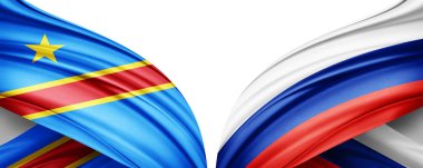 Beyaz arka planda Demokratik Kongo Cumhuriyeti ve Rusya bayrakları izole edildi