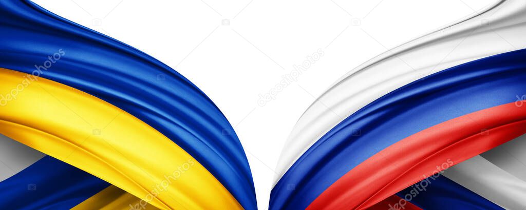 Ukraine and Russia flags isolated on white background