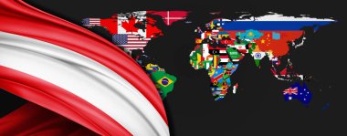 Dünya haritası arka planında Avusturya ipek bayrağı