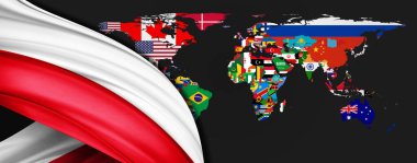 Polonya ipek bayrağı dünya haritası arka planında