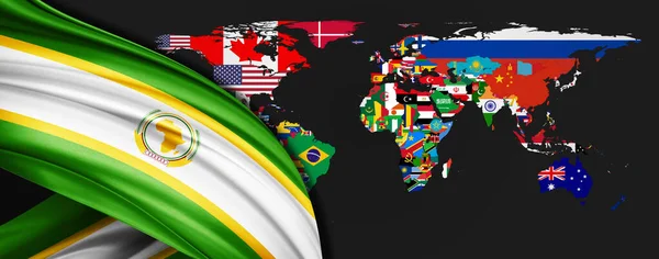 Bandeira União Africana Seda Fundo Mapa Mundial — Fotografia de Stock
