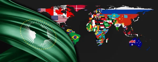 Bandera Seda Unión Africana Mapa Mundial — Foto de Stock