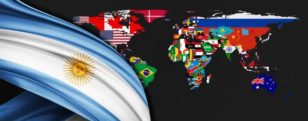 Σημαία Αργεντινής Από Μετάξι Στο Φόντο Του Παγκόσμιου Χάρτη — Φωτογραφία Αρχείου