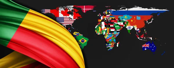 Bandeira Benim Seda Fundo Mapa Mundo — Fotografia de Stock