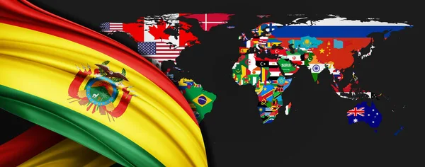 Bandera Bolivia Seda Mapa Del Mundo — Foto de Stock