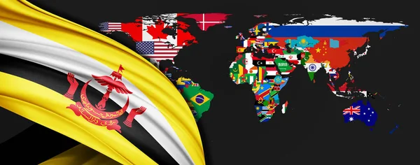 Bandera Brunei Seda Sobre Fondo Del Mapa Mundial —  Fotos de Stock