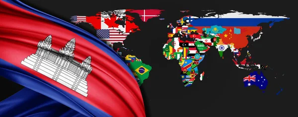 Bandeira Camboja Seda Fundo Mapa Mundial — Fotografia de Stock