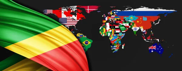 コンゴ共和国世界地図上の絹の旗背景 — ストック写真