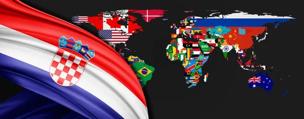 Croácia Bandeira Seda Fundo Mapa Mundo — Fotografia de Stock