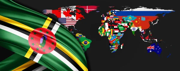 Dominica Bandiera Seta Sfondo Mappa Del Mondo — Foto Stock
