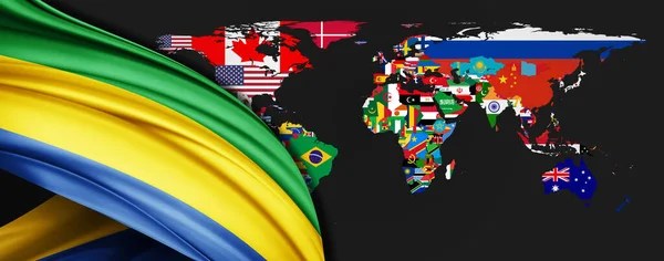 世界地图背景上的加蓬丝绸旗 — 图库照片