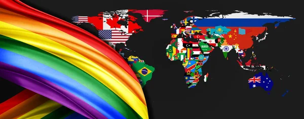 Gay Pride Drapeau Soie Sur Fond Carte Monde — Photo