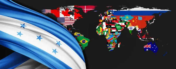 Bandeira Honduras Seda Fundo Mapa Mundo — Fotografia de Stock