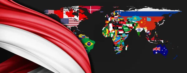 Bandera Indonesia Seda Mapa Mundial Fondo —  Fotos de Stock