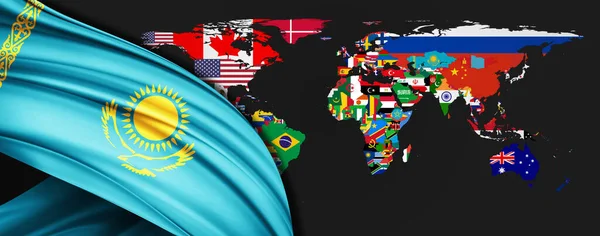 Bandeira Seda Cazaquistão Fundo Mapa Mundo — Fotografia de Stock
