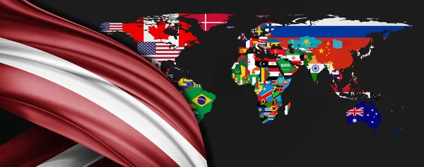 Lettland Flagge Aus Seide Auf Dem Hintergrund Der Weltkarte — Stockfoto