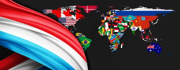 Bandeira Luxemburgo Seda Fundo Mapa Mundo — Fotografia de Stock