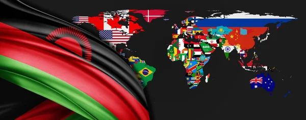 Bandeira Malawi Seda Fundo Mapa Mundo — Fotografia de Stock