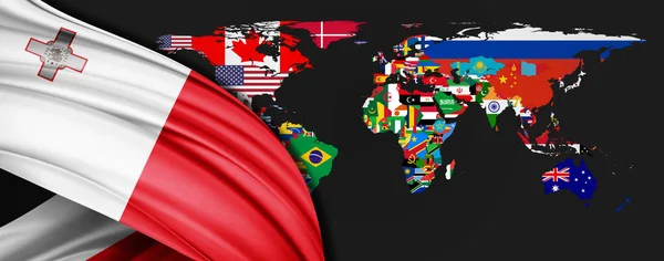 Bandera Malta Seda Sobre Fondo Del Mapa Mundial —  Fotos de Stock