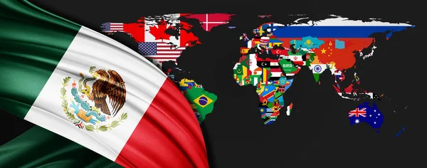 世界地图背景上的墨西哥丝绸国旗 — 图库照片