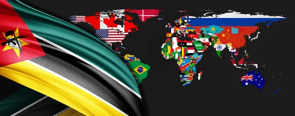 Mozambique Drapeau Soie Sur Fond Carte Monde — Photo