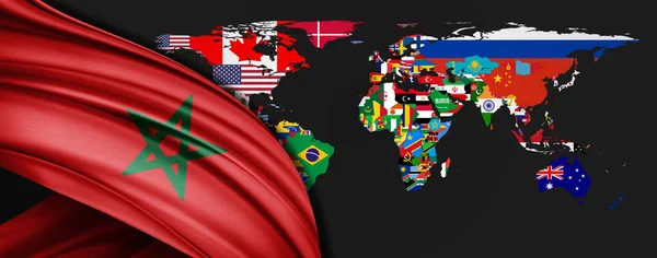 Bandera Marruecos Seda Mapa Mundial Fondo — Foto de Stock