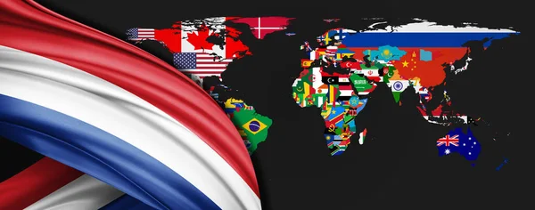 Bandera Los Países Bajos Seda Mapa Del Mundo —  Fotos de Stock