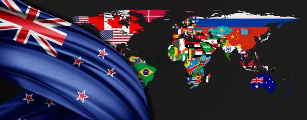 New Zealand Flag Silk World Map Background — Stock Photo, Image