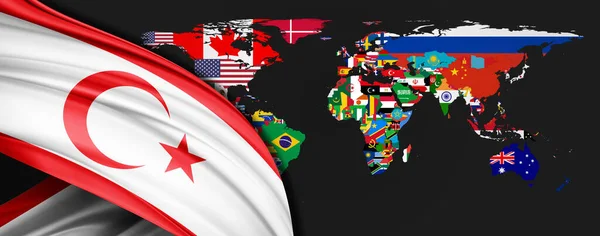 Bandera Seda Del Norte Chipre Mapa Mundial — Foto de Stock