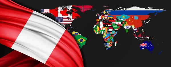 ペルーの絹の旗世界地図背景 — ストック写真