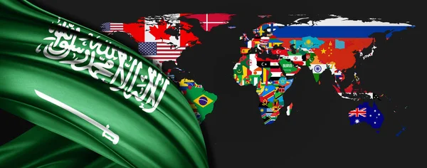 Arabia Saudita Bandiera Seta Sfondo Mappa Del Mondo — Foto Stock