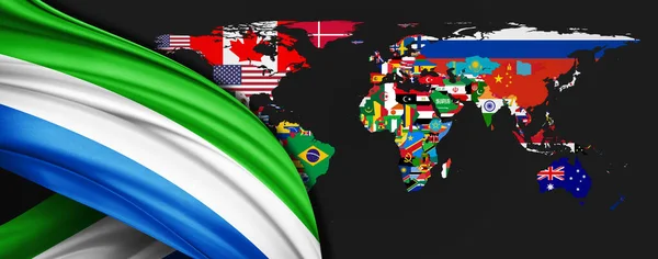 シエラレオネ世界地図上の絹の旗背景 — ストック写真