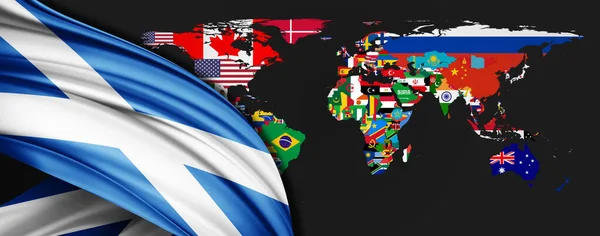 Bandera Escocia Seda Sobre Fondo Del Mapa Mundial —  Fotos de Stock