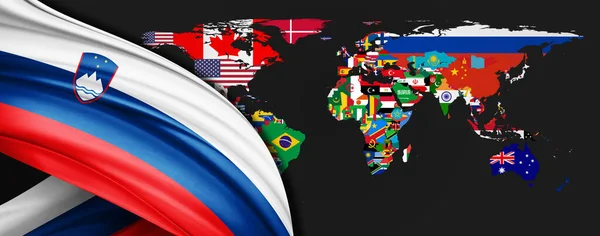 Bandera Eslovenia Seda Sobre Fondo Del Mapa Mundial —  Fotos de Stock