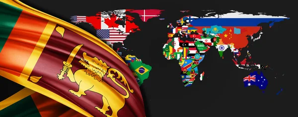 Bandera Sri Lanka Seda Sobre Fondo Del Mapa Mundial — Foto de Stock